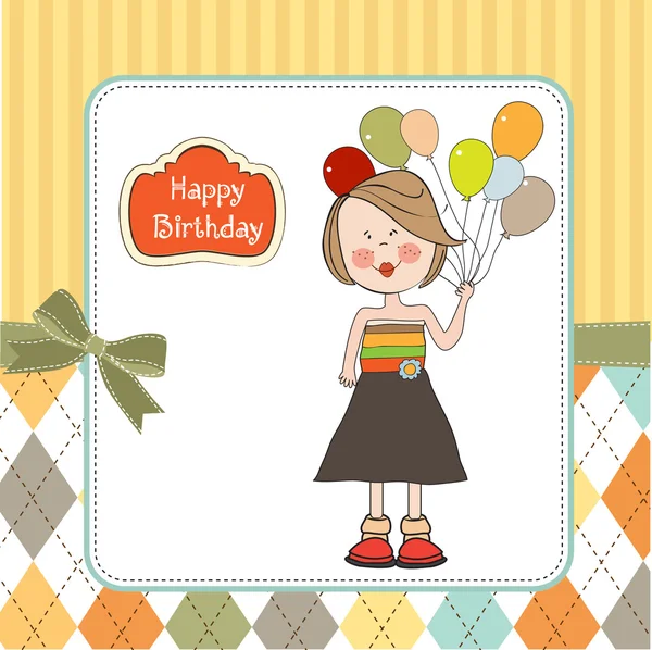 풍선, 생일 인사말 카드와 재미 있는 여자 — 스톡 사진