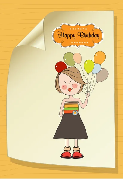 Funny girl s balónkem, přání k narozeninám — Stock fotografie