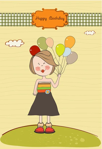 Funny girl s balónkem, přání k narozeninám — Stock fotografie