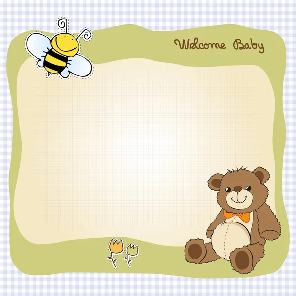 Baby-Duschkarte mit niedlichem Teddybär-Spielzeug — Stockfoto