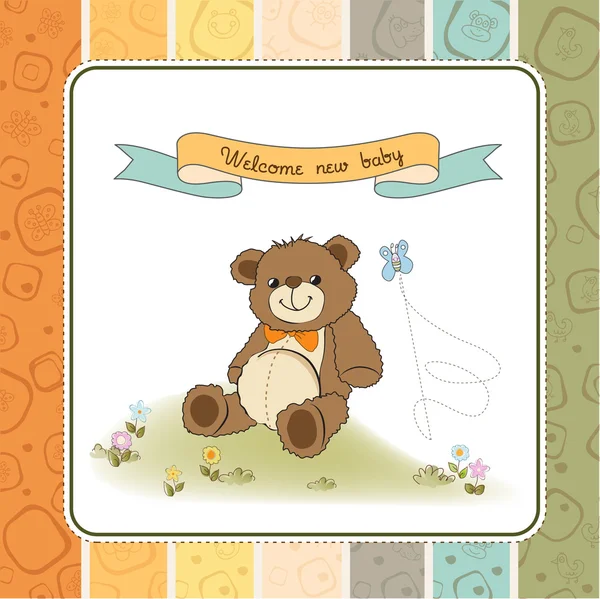 Kaart van de baby douche met cute teddy bear speelgoed — Stockfoto