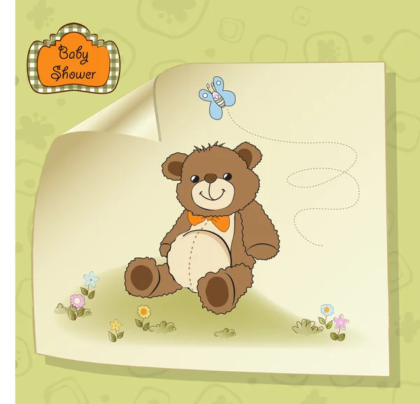 Baby-Duschkarte mit niedlichem Teddybär-Spielzeug — Stockfoto