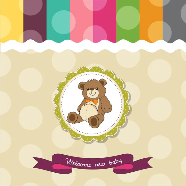 Cartão de chuveiro de bebê com brinquedo de urso de pelúcia bonito — Fotografia de Stock