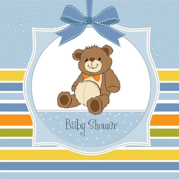 Baby shower card with cute teddy bear toy — Stock Photo, Image