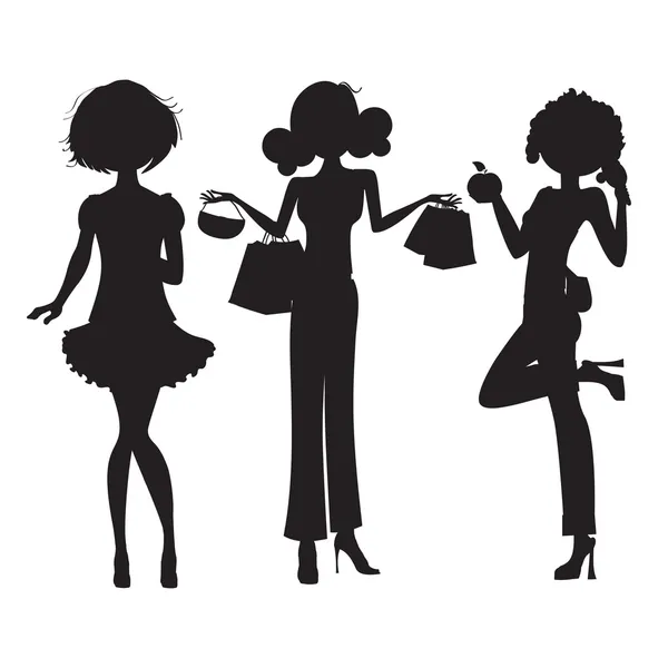 Silhouette of three cute fashion girls isolated on white background — Stock Photo, Image