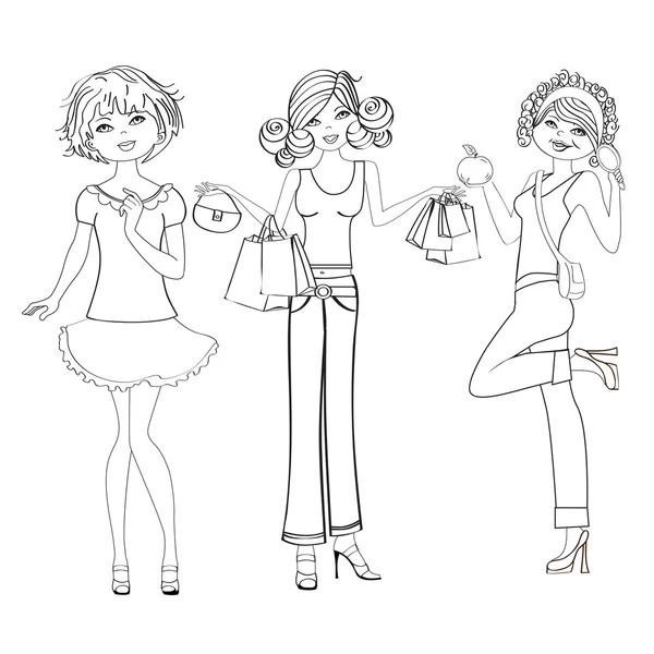 Three cute fashion girls, black and white illustration isolated on white background — ストック写真