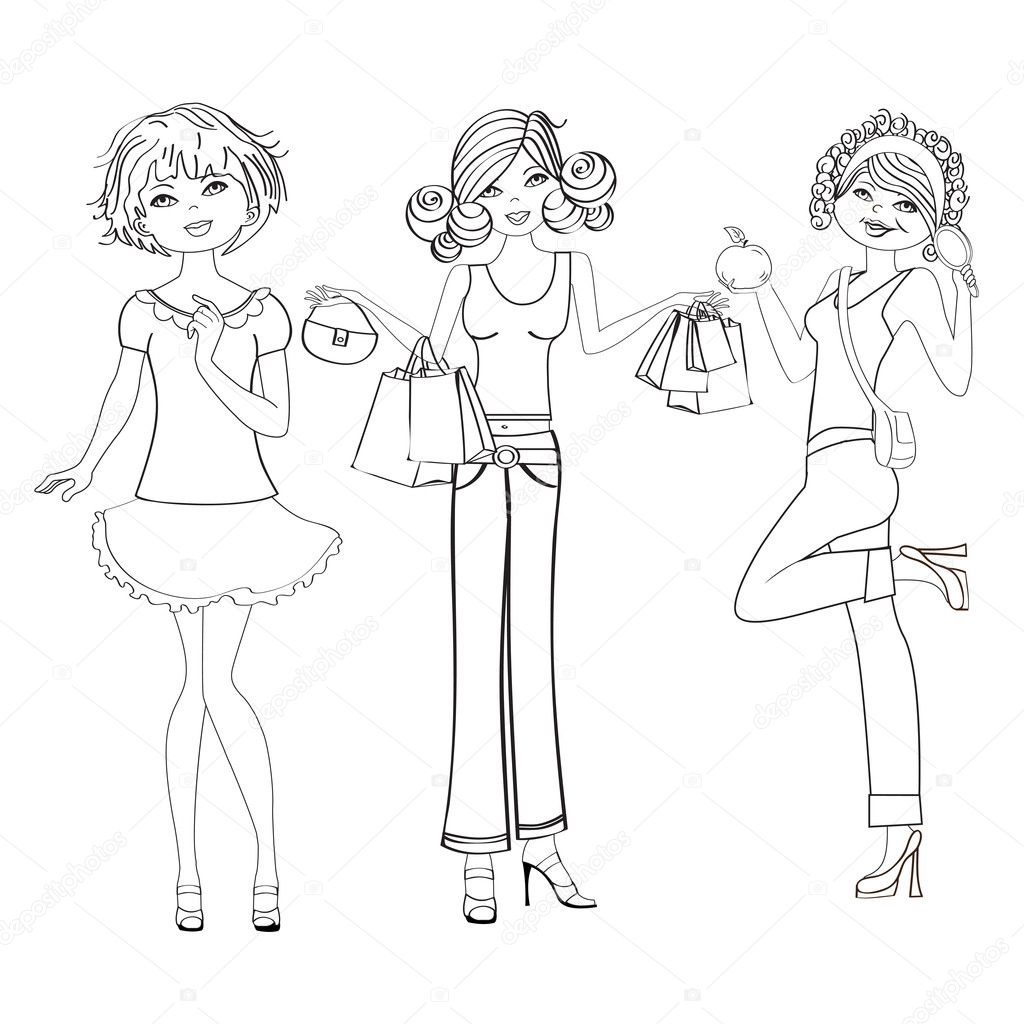 Three cute fashion girls, black and white illustration isolated on white background