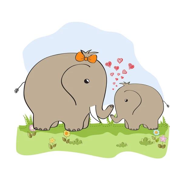 Cartão de banho de bebê com elefante bebê e sua mãe — Fotografia de Stock