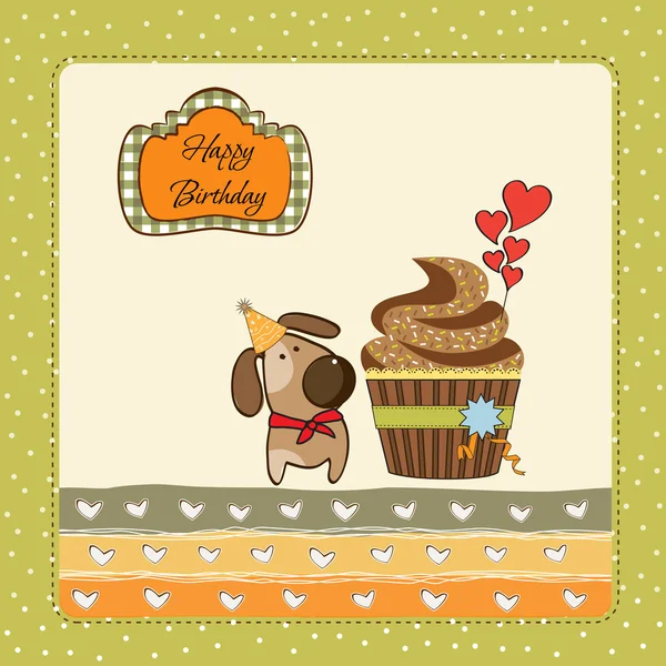 Ευχετήρια κάρτα γενεθλίων με cupcake και σκυλάκι — Φωτογραφία Αρχείου