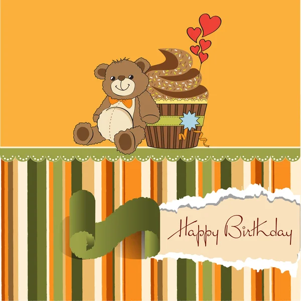 Verjaardagskaart met cupcake en teddybeer — Stockfoto