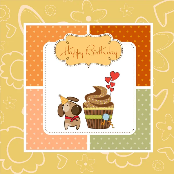 Verjaardag wenskaarten met cupcake en kleine hond — Stockfoto