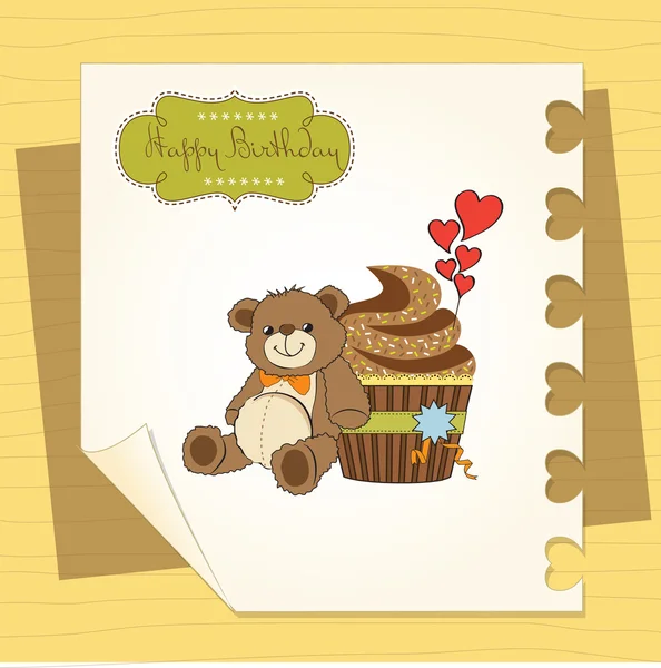 Cartão de aniversário com cupcake e ursinho de pelúcia — Fotografia de Stock