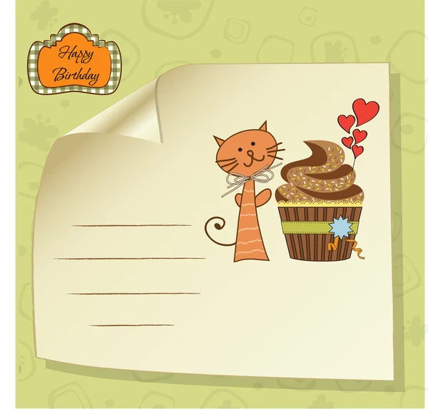 Ευχετήρια κάρτα γενεθλίων με cupcake και γάτα — Φωτογραφία Αρχείου