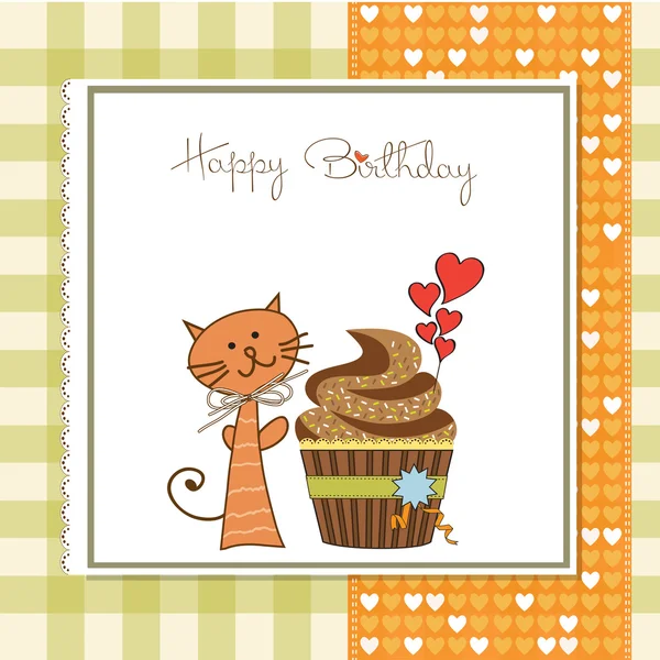 Листівка на день народження з кексом і кішкою — стокове фото