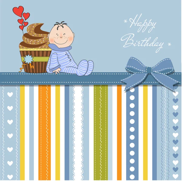 Verjaardag wenskaarten met cupcake en kleine baby — Stockfoto
