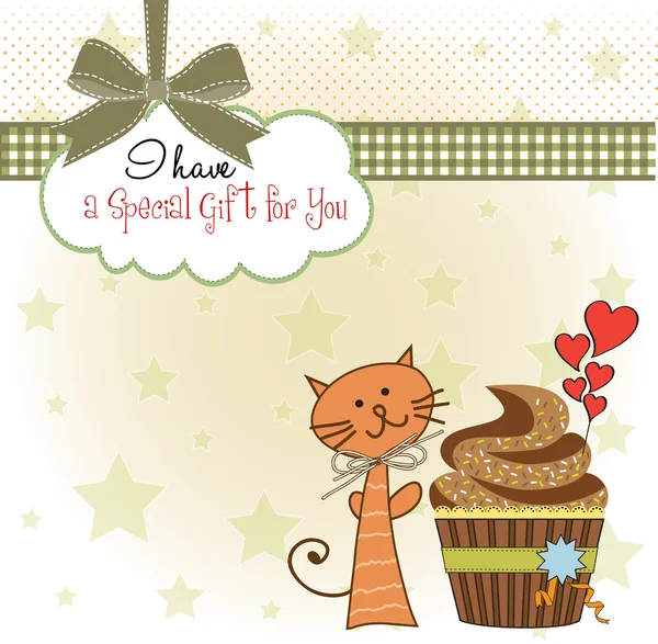 Cartão de aniversário com cupcake e gato — Fotografia de Stock
