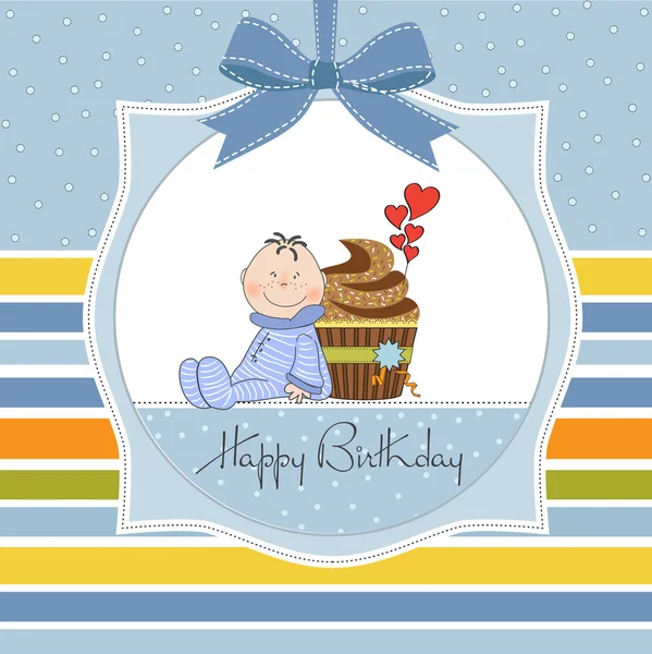 Verjaardag wenskaarten met cupcake en kleine baby — Stockfoto