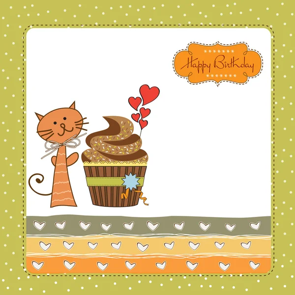 Tarjeta de felicitación de cumpleaños con cupcake y gato — Foto de Stock