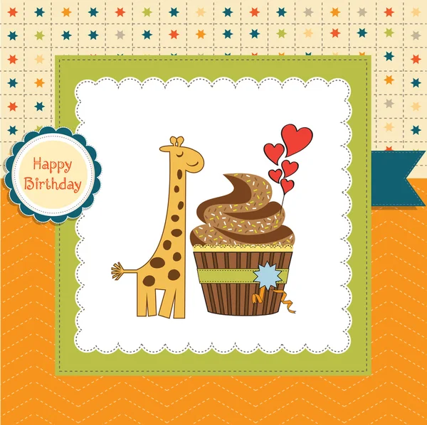 Открытки на день рождения с кексом и жирафом — стоковое фото
