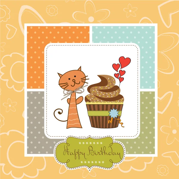生日贺卡，附有纸杯蛋糕和猫 — 图库照片