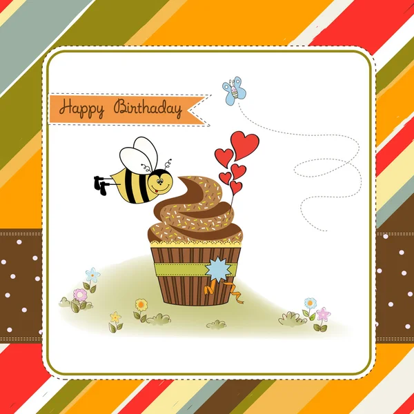 Tarjeta de felicitación de cumpleaños con cupcake y abeja divertida — Foto de Stock