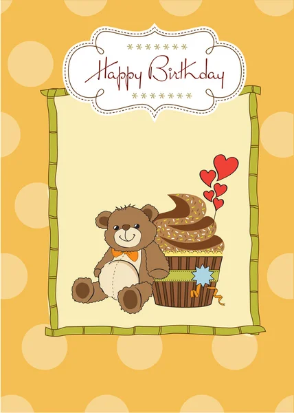 生日贺卡，附有纸杯蛋糕和泰迪熊 — 图库照片