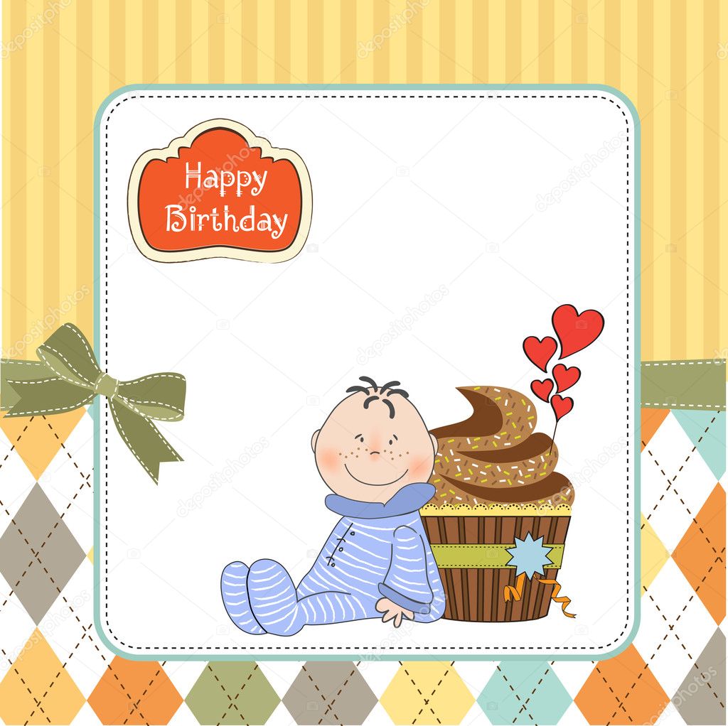 Birthday greeting card with cupcake and little baby