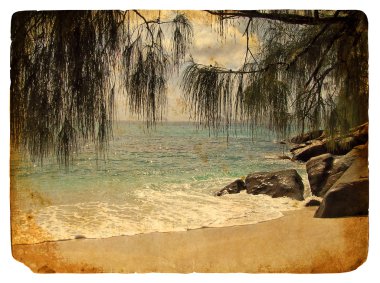 Tropical landscape, Seychelles. Old postcard clipart