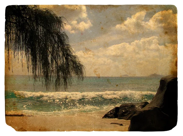 Tropická krajina, Seychely. Stará pohlednice — Stock fotografie