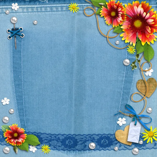 stock image Blue denim background with flowers, lace and pearls.