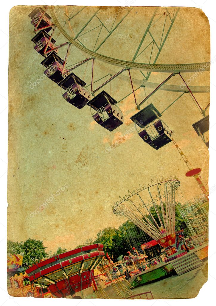 Amusement park, a Ferris wheel. Old postcard
