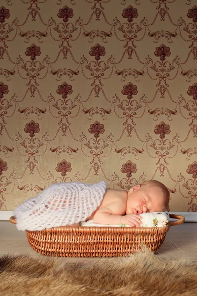 Krásný novorozený chlapeček spí v košíku — Stock fotografie