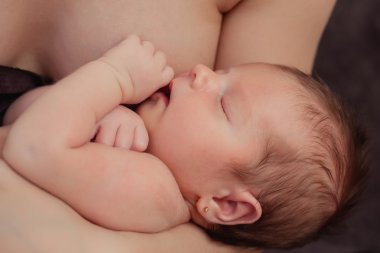 Breast-feeding a newborn baby. The kid in its mother's breast clipart