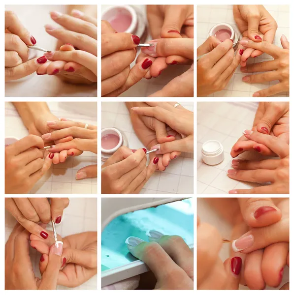 Collage womans hand met Franse manicure Stockafbeelding