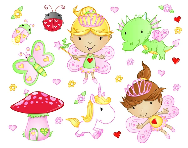 Cute Fairy Princess Flowers Bug and Animal Vector Set — Stock Vector
