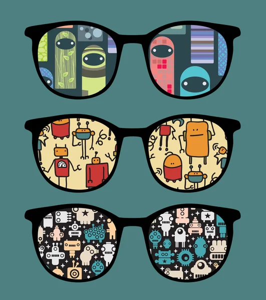 Retro sunglasses with sweet monsters reflection in it. — Stock Vector