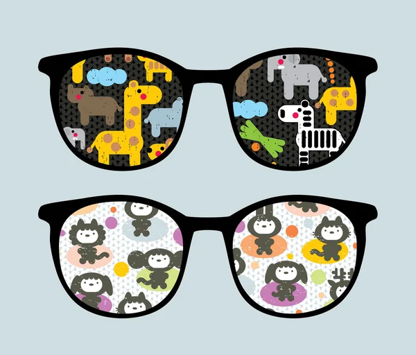 Retro sunglasses with cartoon animals reflection in it. — Stock Vector