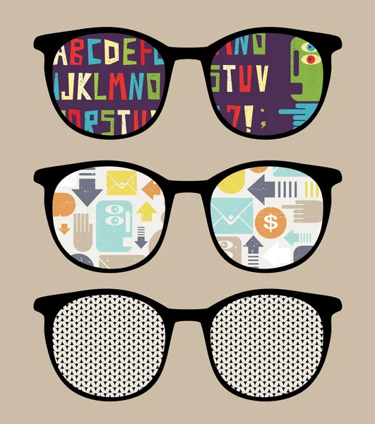 Three retro sunglasses with alphabet reflection in it. — Stock Vector