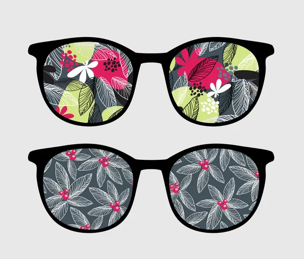 Retro zonnebril met donkere bloemen reflectie in het. — Stockvector