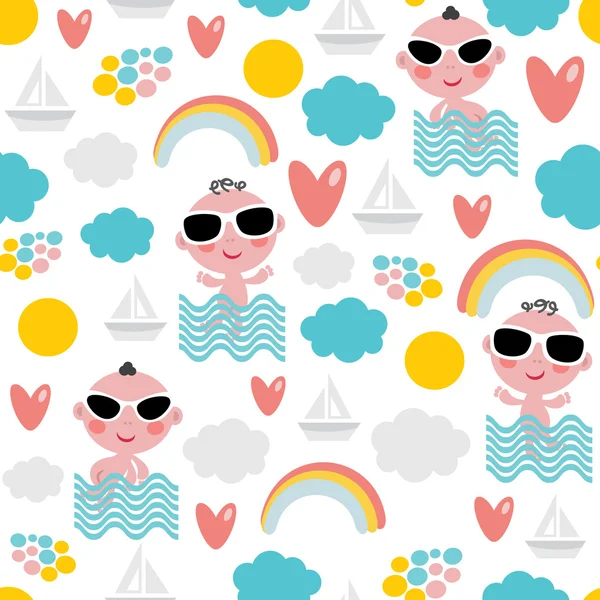Cute baby boy on vacation seamless pattern. — Stock Vector