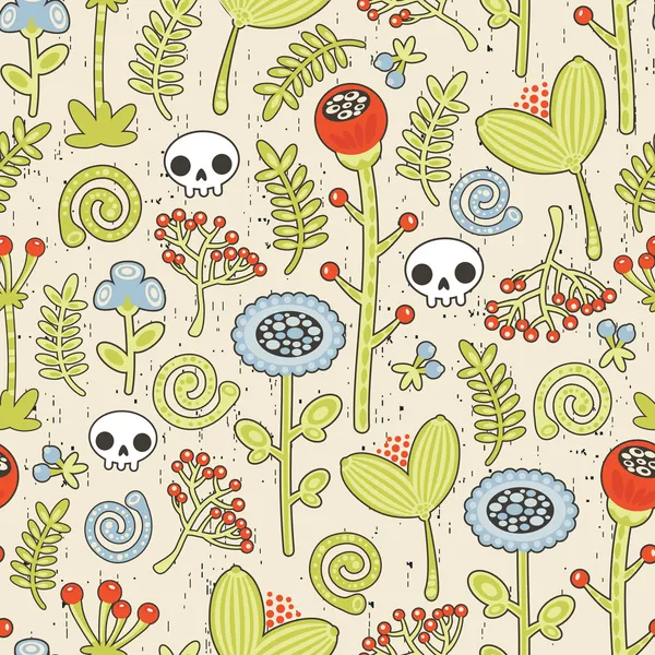 Skulls and flowers seamless background. — Stock Vector