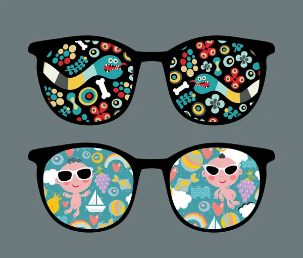 Ретро солнцезащитные очки со змеей и отражением мальчика в них . — стоковый вектор