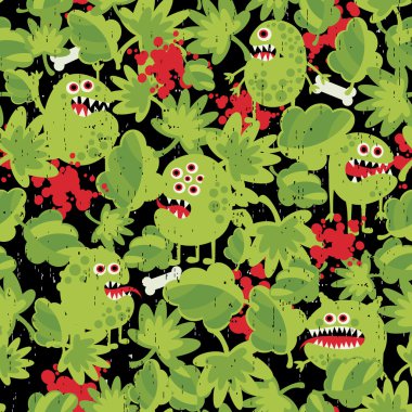 Cute monsters in the grass seamless pattern. clipart