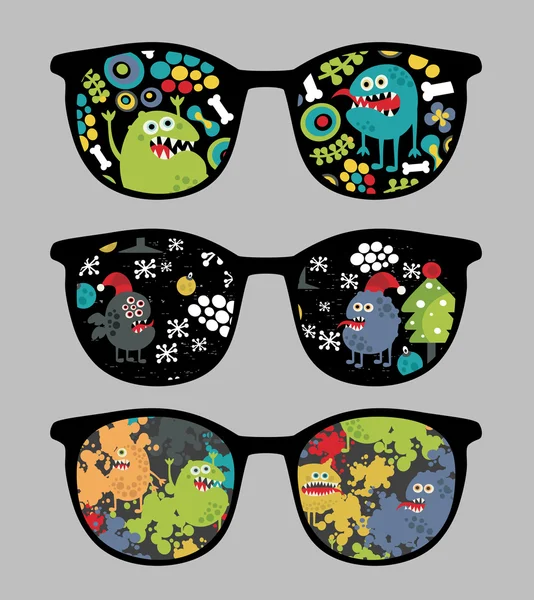 Gafas de sol retro con monstruos y reflejo de flora en ella . — Vector de stock