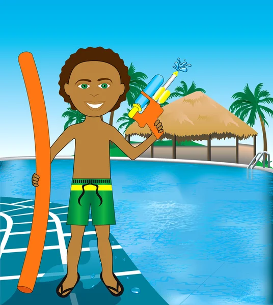 Zwembad gemengd afro jongen — Stockvector