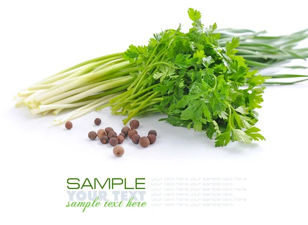 Perejil verde fresco y cebolletas con granos de pimienta sobre fondo blanco —  Fotos de Stock