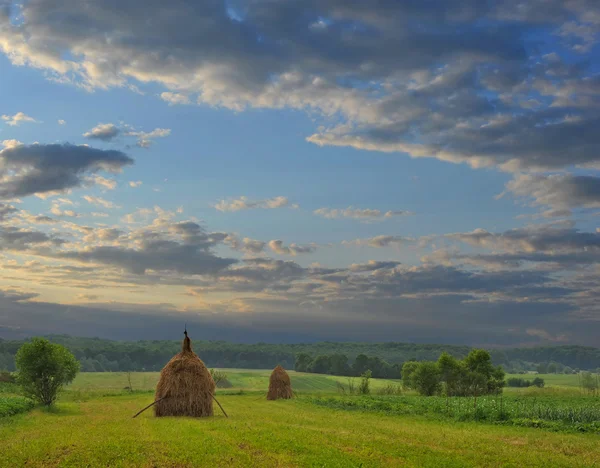 Beautiful sky is after sunset of a sun and summer meadow with haycocks — Stock Photo, Image