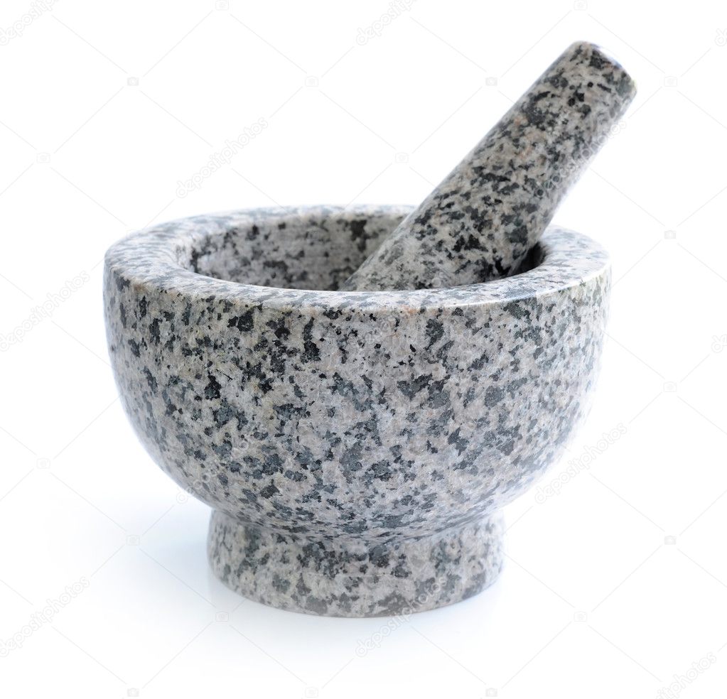 Stone mortar and pestle on white background