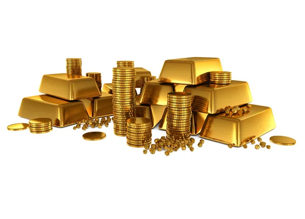 3D zlaté cihly a mince — Stock fotografie