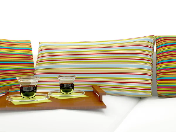 Travesseiros coloridos e café . — Fotografia de Stock